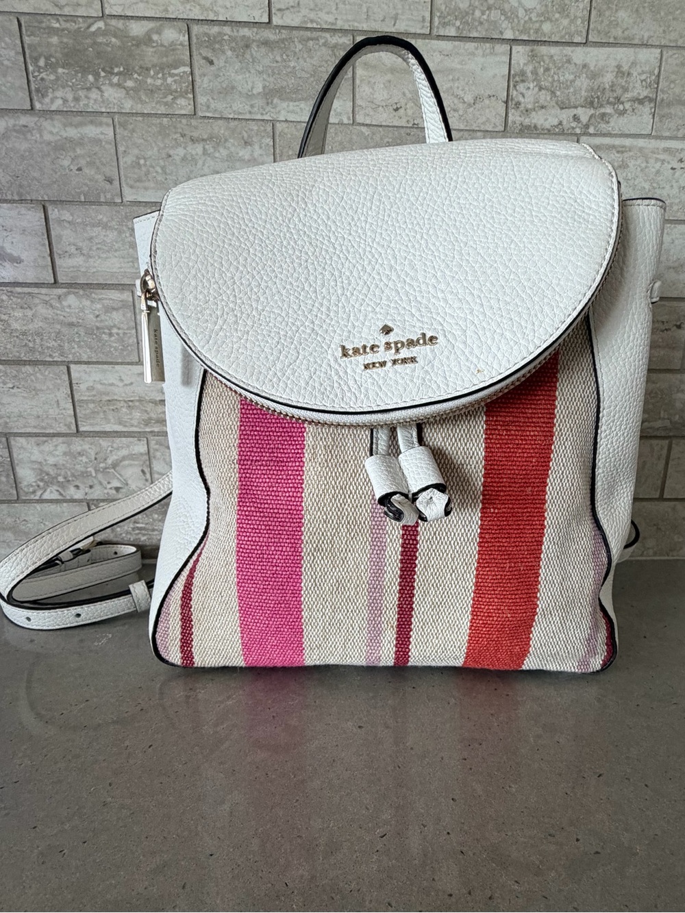 kate spade White Leather Backpack with Pink & Red Stripes